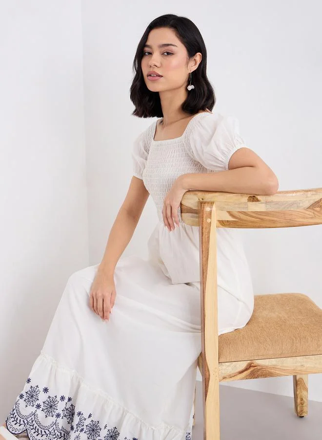 Styli Styli Cream Embroidered Hem Maxi Dress