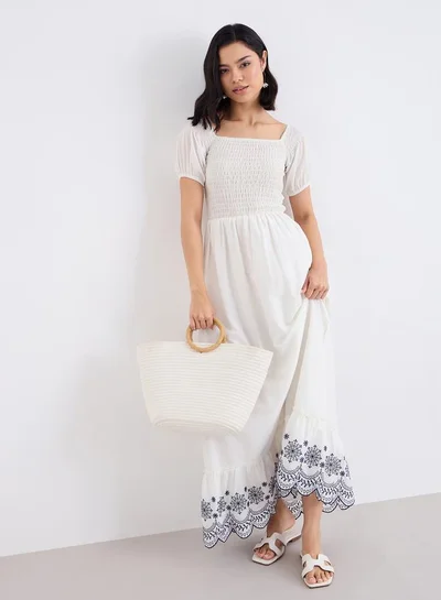 Styli Styli Cream Embroidered Hem Maxi Dress