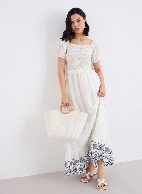 Styli Cream Embroidered Hem Maxi Dress