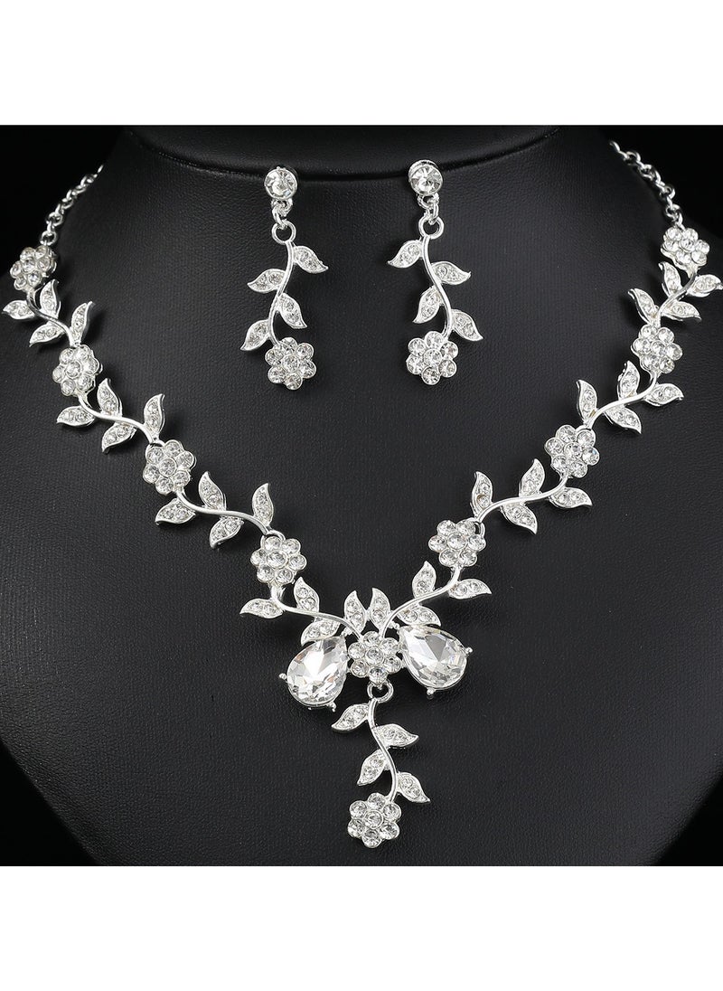 roaiss 3 Pcs Rhinestone Necklace Earrings Set Rose Flower Zircon Pendant Drop Dangle Bridal Evening Dress Accessories for Women Silver/Clear  - Image 1