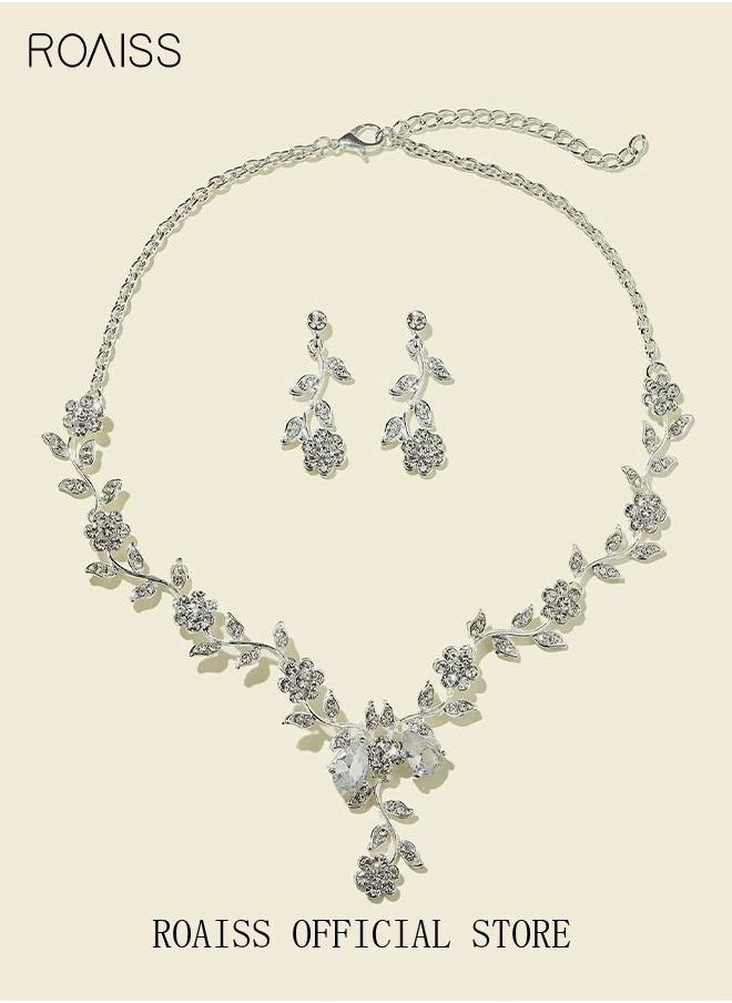 roaiss 3 Pcs Rhinestone Necklace Earrings Set Rose Flower Zircon Pendant Drop Dangle Bridal Evening Dress Accessories for Women Silver/Clear  - Image 3