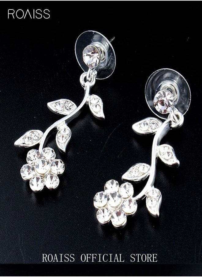 roaiss 3 Pcs Rhinestone Necklace Earrings Set Rose Flower Zircon Pendant Drop Dangle Bridal Evening Dress Accessories for Women Silver/Clear  - Image 5