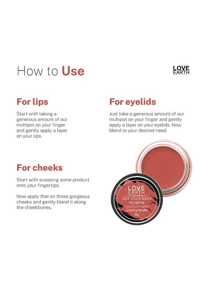 Love Earth Lip Tint & Cheek Tint Multipot-Got Your Back With Richness Of Essential Oils And Vitamin E For Lips, Eyelids & Cheeks, Matte Finish - Coral - Image 5