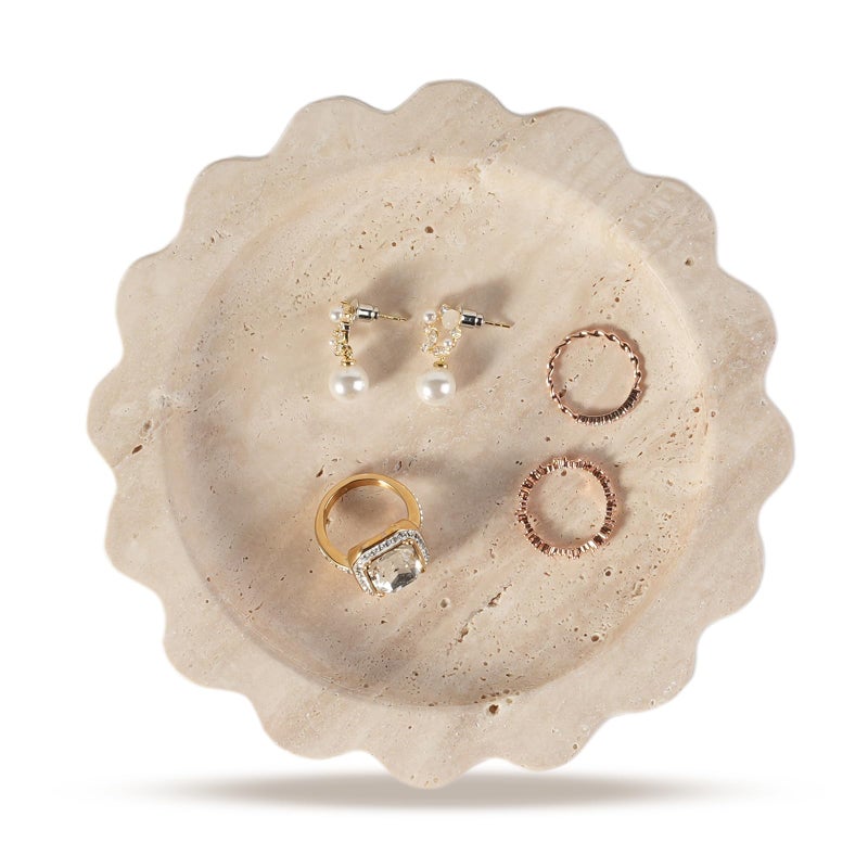 Koville 5.51" Travertine Tray, Natural Stone Trinket Dish for Ring Perfume, Round Scalloped Decorative Tray for Bathroom Vanity Dresser Countertop, Home Table Decor - Image 1