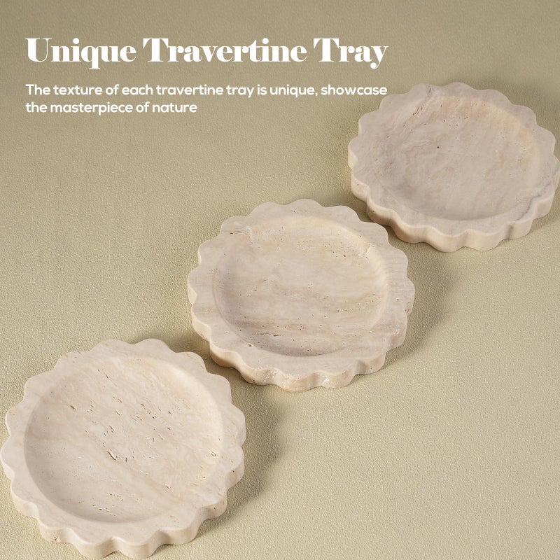 Koville 5.51" Travertine Tray, Natural Stone Trinket Dish for Ring Perfume, Round Scalloped Decorative Tray for Bathroom Vanity Dresser Countertop, Home Table Decor - Image 3