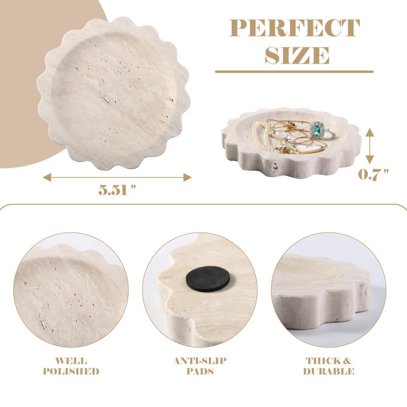 Koville 5.51" Travertine Tray, Natural Stone Trinket Dish for Ring Perfume, Round Scalloped Decorative Tray for Bathroom Vanity Dresser Countertop, Home Table Decor - Image 2