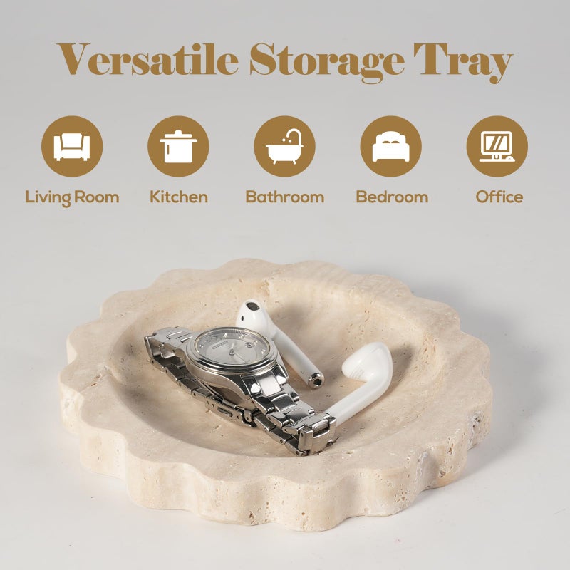 Koville 5.51" Travertine Tray, Natural Stone Trinket Dish for Ring Perfume, Round Scalloped Decorative Tray for Bathroom Vanity Dresser Countertop, Home Table Decor - Image 5