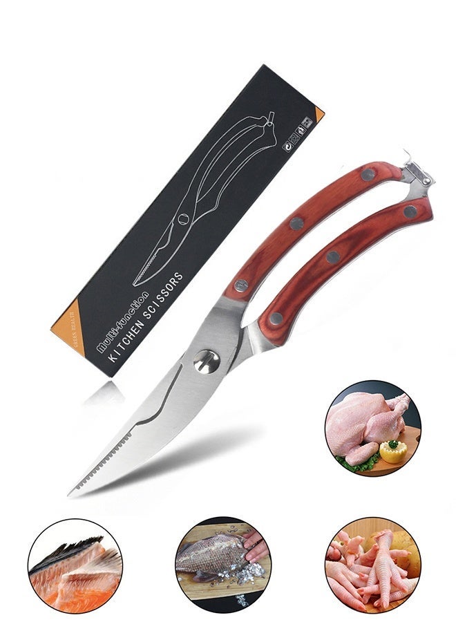 Multifunctional Stainless Steel Kitchen Scissors with Red Color Wood Handle, Heavy Duty Chicken Bone Shears with Safety Lock for BBQ, Camping & Household Cooking - Image 1