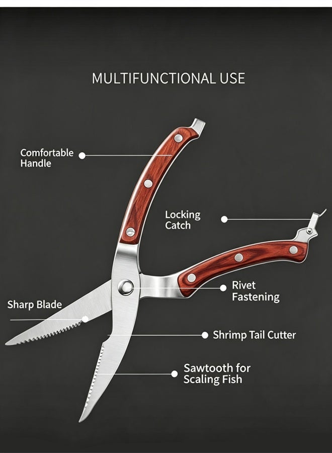 Multifunctional Stainless Steel Kitchen Scissors with Red Color Wood Handle, Heavy Duty Chicken Bone Shears with Safety Lock for BBQ, Camping & Household Cooking - Image 3
