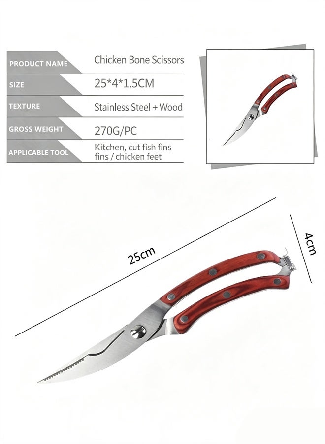 Multifunctional Stainless Steel Kitchen Scissors with Red Color Wood Handle, Heavy Duty Chicken Bone Shears with Safety Lock for BBQ, Camping & Household Cooking - Image 2