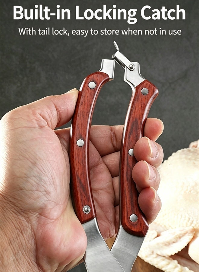 Multifunctional Stainless Steel Kitchen Scissors with Red Color Wood Handle, Heavy Duty Chicken Bone Shears with Safety Lock for BBQ, Camping & Household Cooking - Image 5