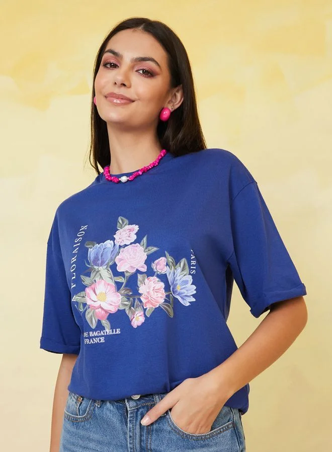 Styli Oversized Floral Graphic Turn Up Sleeve Longline T-Shirt