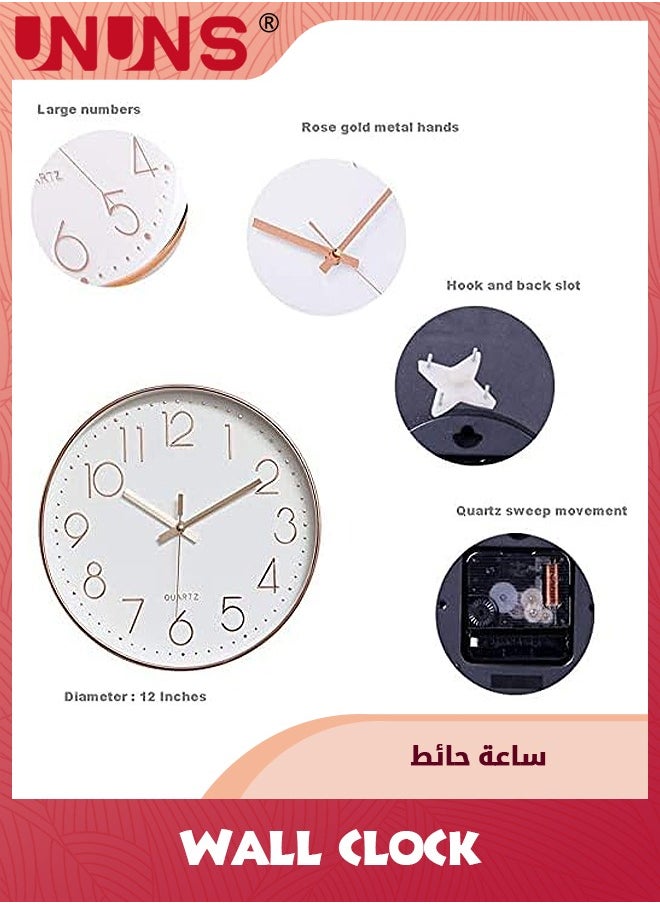 UNUNS Wall Clock,12-inch Non-Ticking Quality Quartz Round Wall Clocks,Battery Operated,Easy To Read,Silent Wall Clock For Bedroom/Living Room/Kitchen/Office/School/Home Decor,Rose Gold  - Image 2