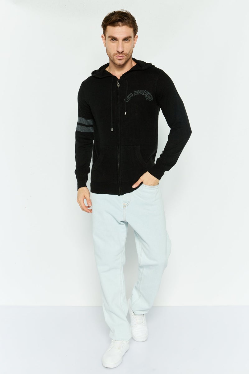 Ed Hardy سويت شيرت طويل الأكمام بغطاء رأس للرجال بشعار العلامة التجارية، أسود - Image 2