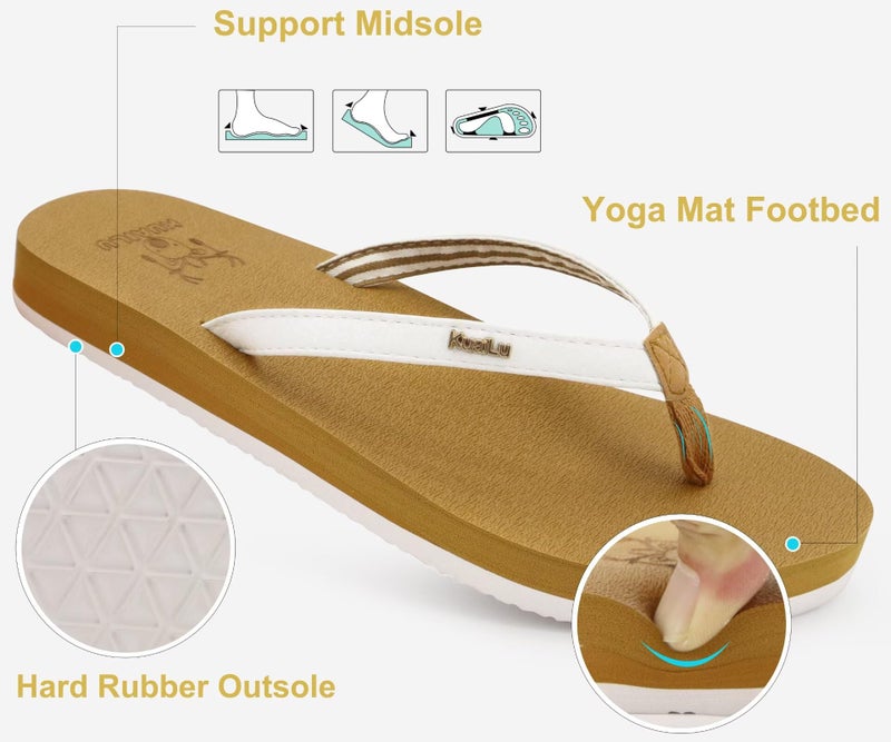 KuaiLu Womens Arch Support Flip Flops Comfortable Yoga Mat Slip on Leather Walking Thong Cushion Sandals Summer Beach Orthotic Slides Travel Essential Indoor Outdoor Slippers Shoes White Khaki Size 10 - Image 5
