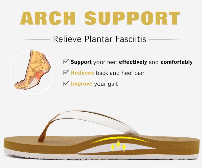 KuaiLu Womens Arch Support Flip Flops Comfortable Yoga Mat Slip on Leather Walking Thong Cushion Sandals Summer Beach Orthotic Slides Travel Essential Indoor Outdoor Slippers Shoes White Khaki Size 10 - Image 4