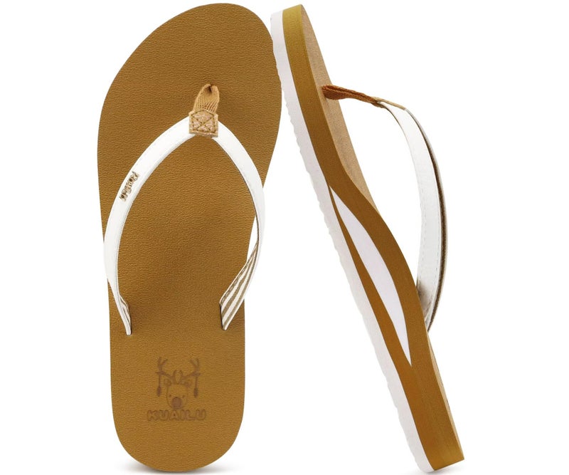 KuaiLu Womens Arch Support Flip Flops Comfortable Yoga Mat Slip on Leather Walking Thong Cushion Sandals Summer Beach Orthotic Slides Travel Essential Indoor Outdoor Slippers Shoes White Khaki Size 10 - Image 1