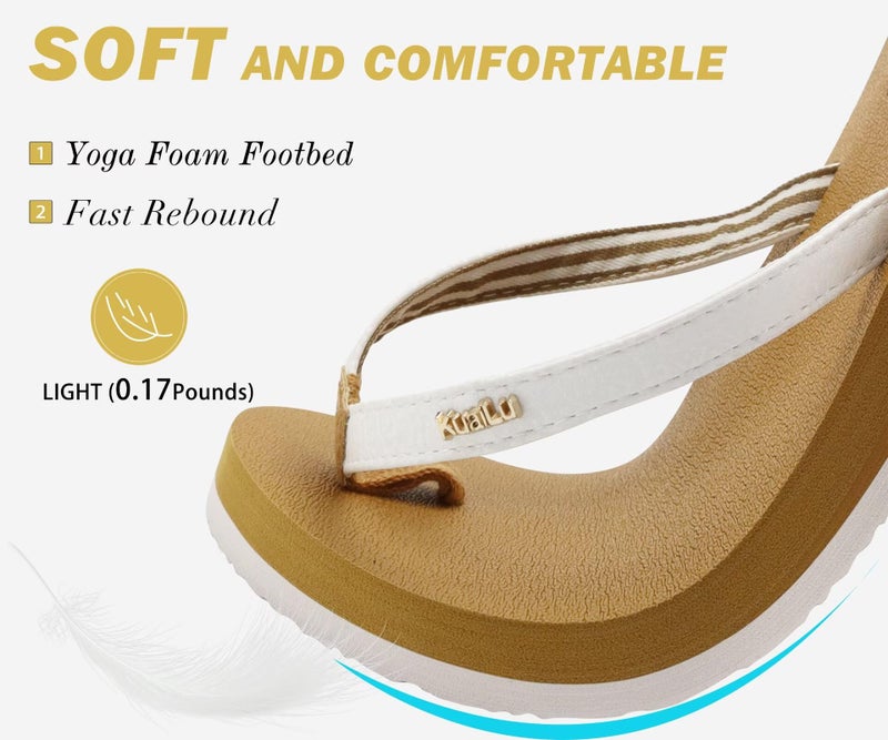 KuaiLu Womens Arch Support Flip Flops Comfortable Yoga Mat Slip on Leather Walking Thong Cushion Sandals Summer Beach Orthotic Slides Travel Essential Indoor Outdoor Slippers Shoes White Khaki Size 10 - Image 3