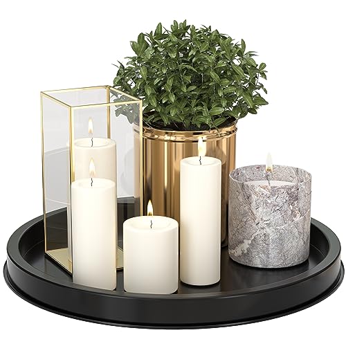 HGF Decorative Tray for Coffee Table, 13 Inch Lightweight Metal Round Trays for Kitchen Sink Counter Organizer Dining Centerpiece Table for Display Candle Vase, Black Round Tray for Decor - Image 1