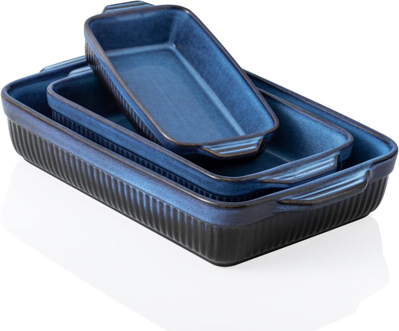 Kanwone Ceramic Baking Dishes Rectangular Lasagna Pans Casserole Dishes Bakeware Set for Cooking Kitchen Cake Dinner 9 x 13 Inches Stripe Series  Reactive Glazed Bright Blue - Image 1