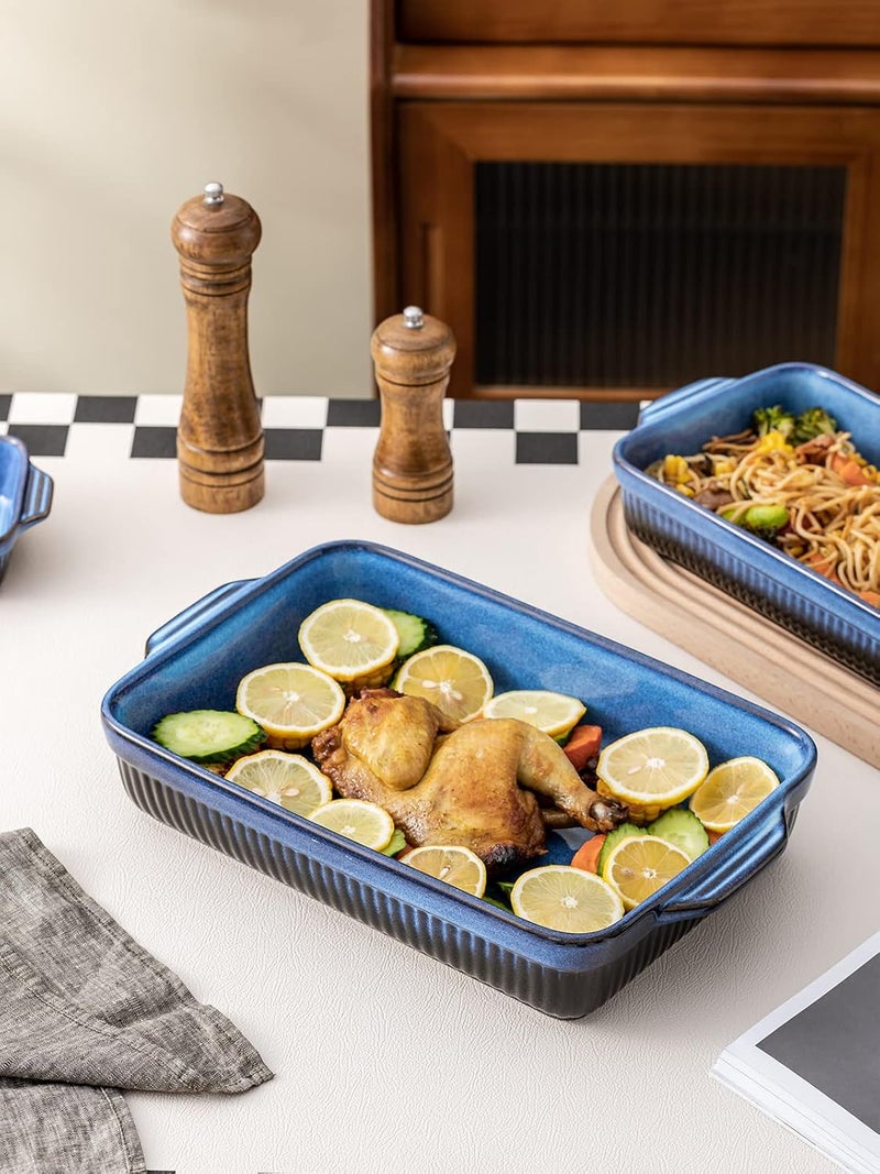 Kanwone Ceramic Baking Dishes Rectangular Lasagna Pans Casserole Dishes Bakeware Set for Cooking Kitchen Cake Dinner 9 x 13 Inches Stripe Series  Reactive Glazed Bright Blue - Image 4