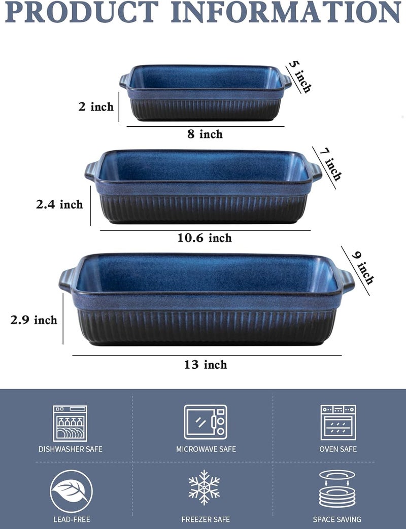 Kanwone Ceramic Baking Dishes Rectangular Lasagna Pans Casserole Dishes Bakeware Set for Cooking Kitchen Cake Dinner 9 x 13 Inches Stripe Series  Reactive Glazed Bright Blue - Image 2