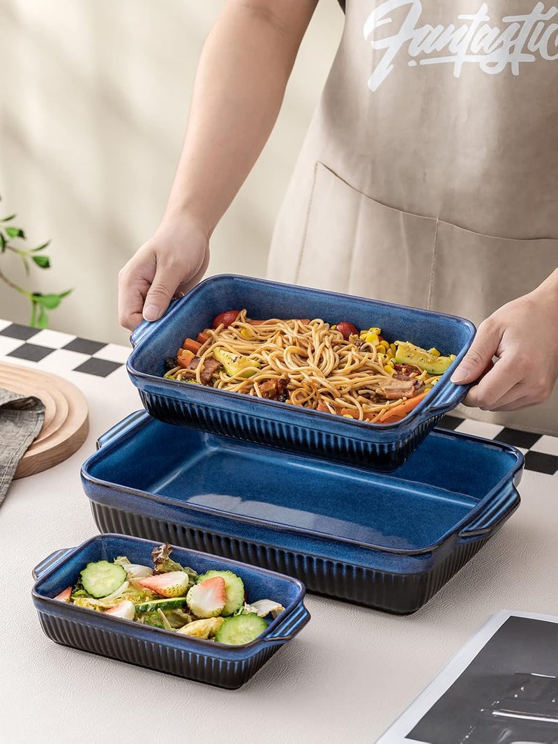Kanwone Ceramic Baking Dishes Rectangular Lasagna Pans Casserole Dishes Bakeware Set for Cooking Kitchen Cake Dinner 9 x 13 Inches Stripe Series  Reactive Glazed Bright Blue - Image 3