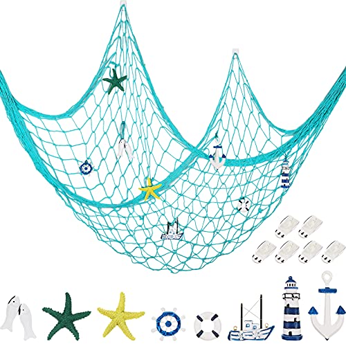 Jetec Decorative Fishnet Nautical Fishing Net Wall Hanging Decor 8 Pieces Starfish Sailboat Lighthouse Life Ring Rudder Anchor with Transparent Hook for Mermaid Mediterranean Party Light Blue 