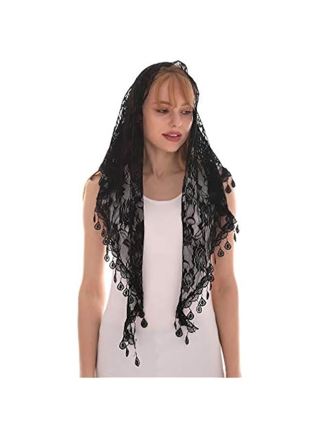 Arabest Elegant Black Sheer Floral Triangle Shawl with Lace Tassel Trim, Printed Silk - Soft Mantilla Scarf - Image 1