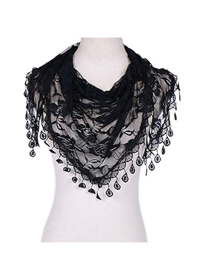 Arabest Elegant Black Sheer Floral Triangle Shawl with Lace Tassel Trim, Printed Silk - Soft Mantilla Scarf - Image 3