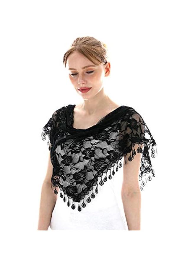 Arabest Elegant Black Sheer Floral Triangle Shawl with Lace Tassel Trim, Printed Silk - Soft Mantilla Scarf - Image 4