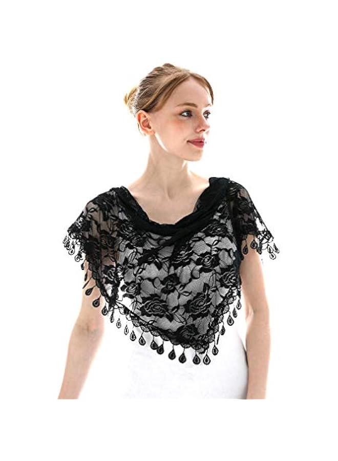 Arabest Elegant Black Sheer Floral Triangle Shawl with Lace Tassel Trim, Printed Silk - Soft Mantilla Scarf - Image 5