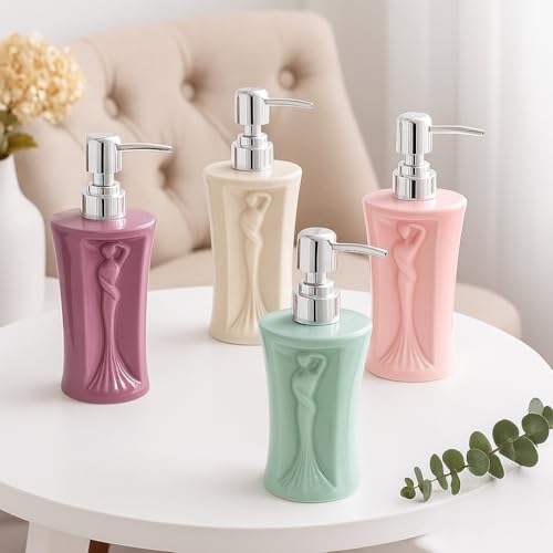 Whizzo® Light Luxury Mermaid Design Ceramic Lotion Bottle Liquid Soap Dispenser Home Hand sanitizer Shampoo Dispenser for Bathroom (360 ML, Pink, Mermaid) - Image 4