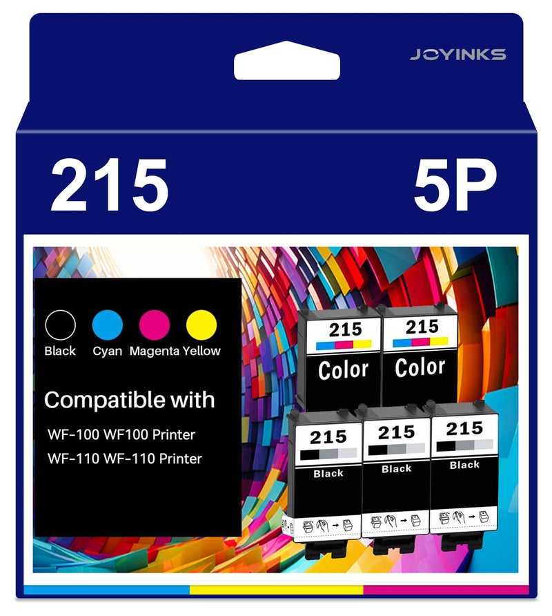 Joyinks 5-Pack 215 Ink Cartridges Remanufactured Replacement for WF-100 WF-110 EC-C110 Printer (3-Black 2-Tri-Color) - Image 1