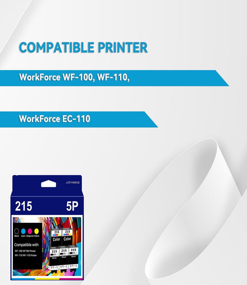 Joyinks 5-Pack 215 Ink Cartridges Remanufactured Replacement for WF-100 WF-110 EC-C110 Printer (3-Black 2-Tri-Color) - Image 2