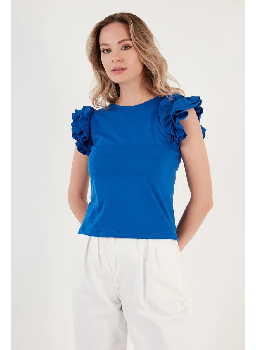 Lela Cotton Ruffled Sleeves Slim Fit Crew Neck T Shirt Women's T Shirt 5864500
