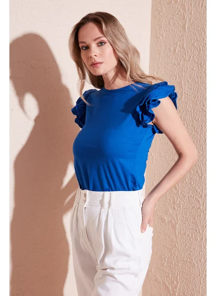 Lela Cotton Ruffled Sleeves Slim Fit Crew Neck T Shirt Women's T Shirt 5864500