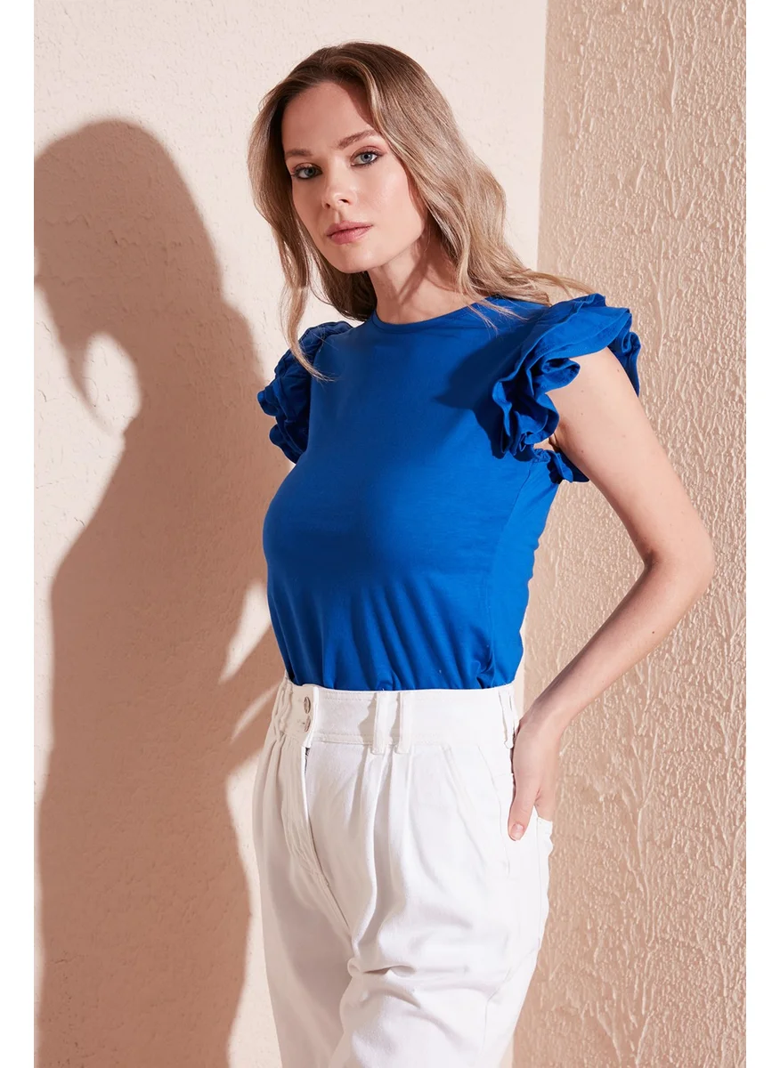Lela Cotton Ruffled Sleeves Slim Fit Crew Neck T Shirt Women's T Shirt 5864500