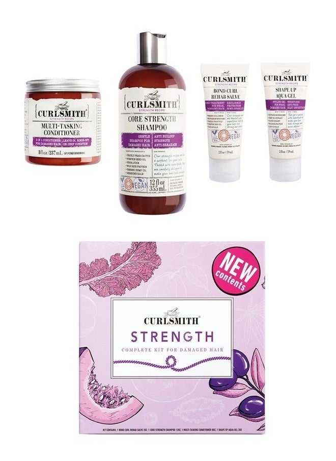 CURLSMITH Curlsmith - Strength Complete Kit for Damaged Hair, with Core Strength Shampoo, Multi-Tasking Conditioner, Bond Curl & Shape Up Aqua Gel  - Image 1