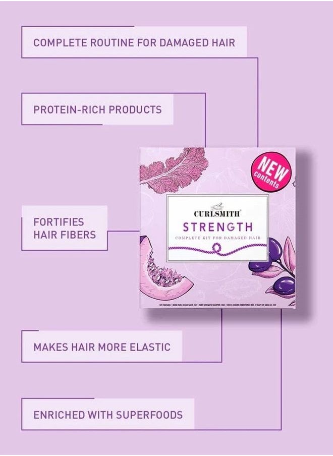 CURLSMITH Curlsmith - Strength Complete Kit for Damaged Hair, with Core Strength Shampoo, Multi-Tasking Conditioner, Bond Curl & Shape Up Aqua Gel  - Image 3