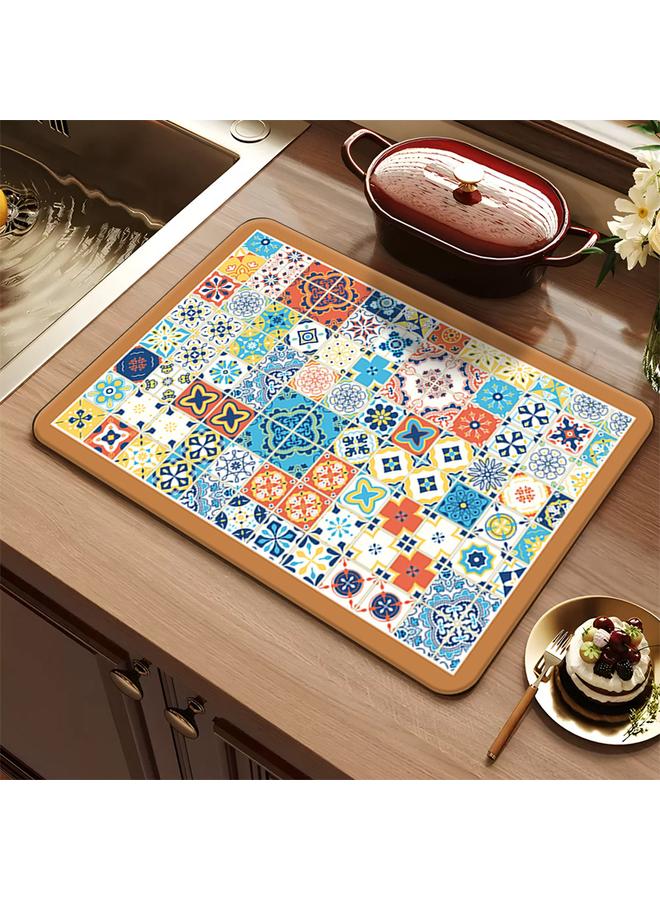 Bluejw Colorful Tile Series Kitchen Drain Mat Water Absorbent Quick-drying Tableware Mat Bar Counter Heat Insulation Mat Coffee Machine Drain Mat  - Image 2
