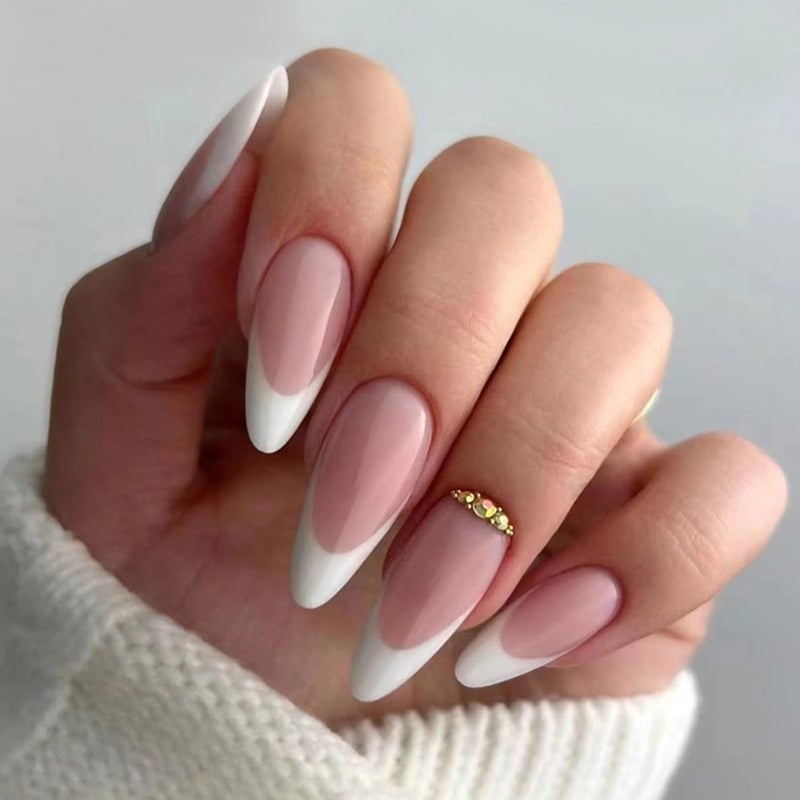 JUSTOTRY 24 Pcs Stiletto False Nails Medium with JewelsBeige French Press on Nails PatternFake Nail ShortAlmond Stick on Nail for WomenNails Fake Nail for Nails Art