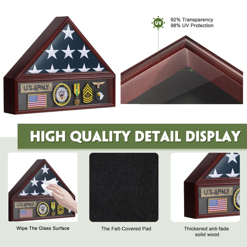DANF FLAG Large Burial Flag Display Case Veteran Military Medal Shadow Box Fits 5' x 9.5' Folded American Funeral Flag Wooden Memorial Display Frame Gift for Grandfathers, Fathers, Comrade-in-arms, Mahogany - Image 3