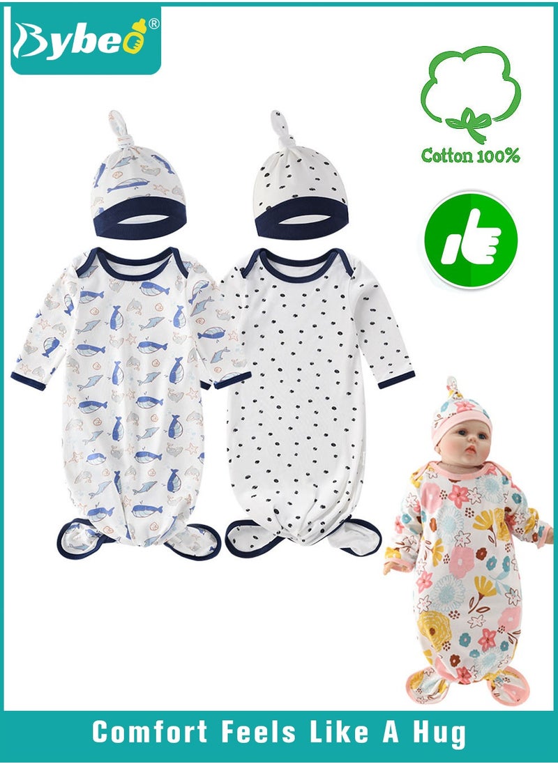 Bybeo 2PCS Newborn Knotted Gown with Hat Set, Newborn Nightgowns, Baby Swaddle Blanket, Newborn Wrap Cap Set, Infant Adjustable Sleep Sack, 100% Cotton Breathable and Skin-Friendly for 0-4 Months  - Image 1