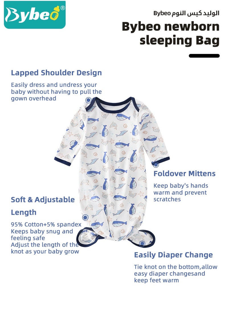 Bybeo 2PCS Newborn Knotted Gown with Hat Set, Newborn Nightgowns, Baby Swaddle Blanket, Newborn Wrap Cap Set, Infant Adjustable Sleep Sack, 100% Cotton Breathable and Skin-Friendly for 0-4 Months  - Image 2