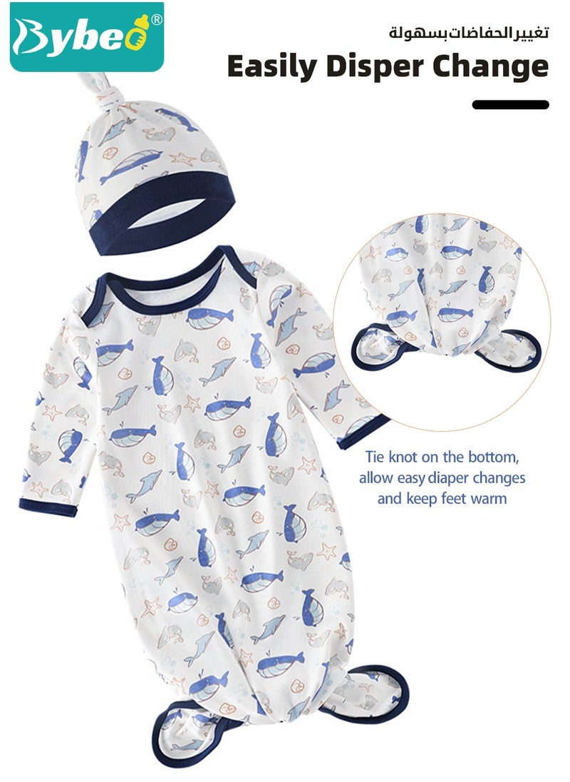 Bybeo 2PCS Newborn Knotted Gown with Hat Set, Newborn Nightgowns, Baby Swaddle Blanket, Newborn Wrap Cap Set, Infant Adjustable Sleep Sack, 100% Cotton Breathable and Skin-Friendly for 0-4 Months  - Image 5