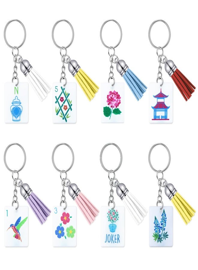 Novabright 8 Pcs Mahjong Tile Keychain with Tassels Funny Bag Ornament Acrylic Key Rings Set Mahjong Jewelry Accessories for Women Men Gifts Valentines Romantic Party Favors, 8 Styles - Image 1