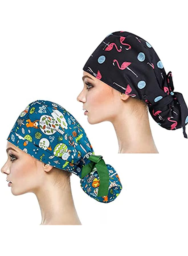 KASTWAVE 2 Pack Head Covers Shower Caps Fashion Working Cap With Buttons And Sweatband Cotton Working Hats With Adjustable Ponytail Pack Sweatband Ribbon Tie Back Hats For Long Hair Women And Men - Image 1