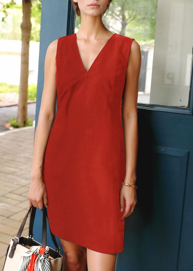 CHARTOU Women's Summer Sleeveless Mini Dress Cotton Linen V Neck Cinched A Line Slim Tank Short Dress (Large, Red) - Image 3