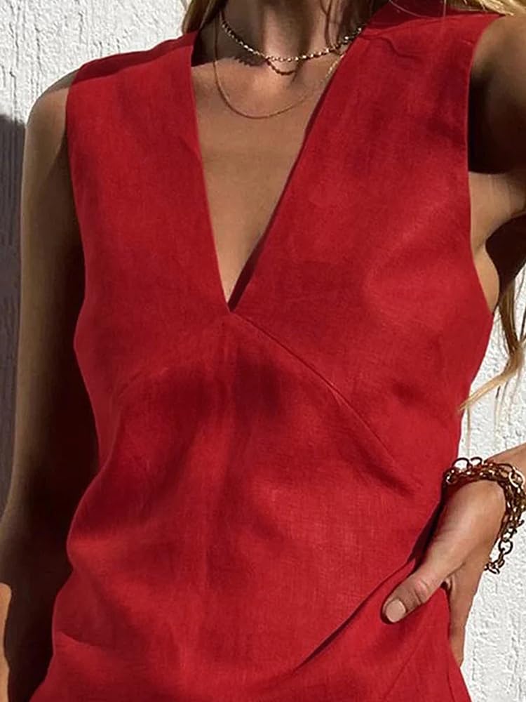 CHARTOU Women's Summer Sleeveless Mini Dress Cotton Linen V Neck Cinched A Line Slim Tank Short Dress (Large, Red) - Image 2